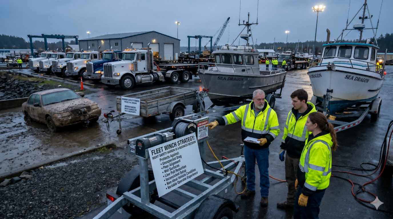 Fleet trailer winch strategy showing why safety margin protects against unexpected drag, poor alignment, wet surfaces, and variable operator conditions